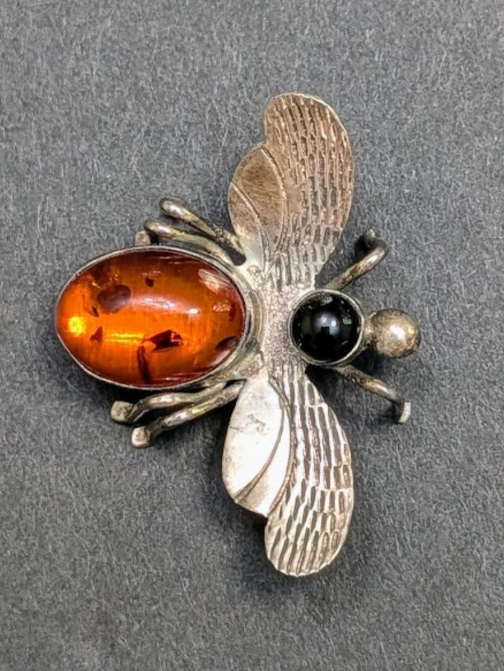 Vintage Sterling Silver Amber Onyx Bee Insect Brooch Pin Figural Jewelry